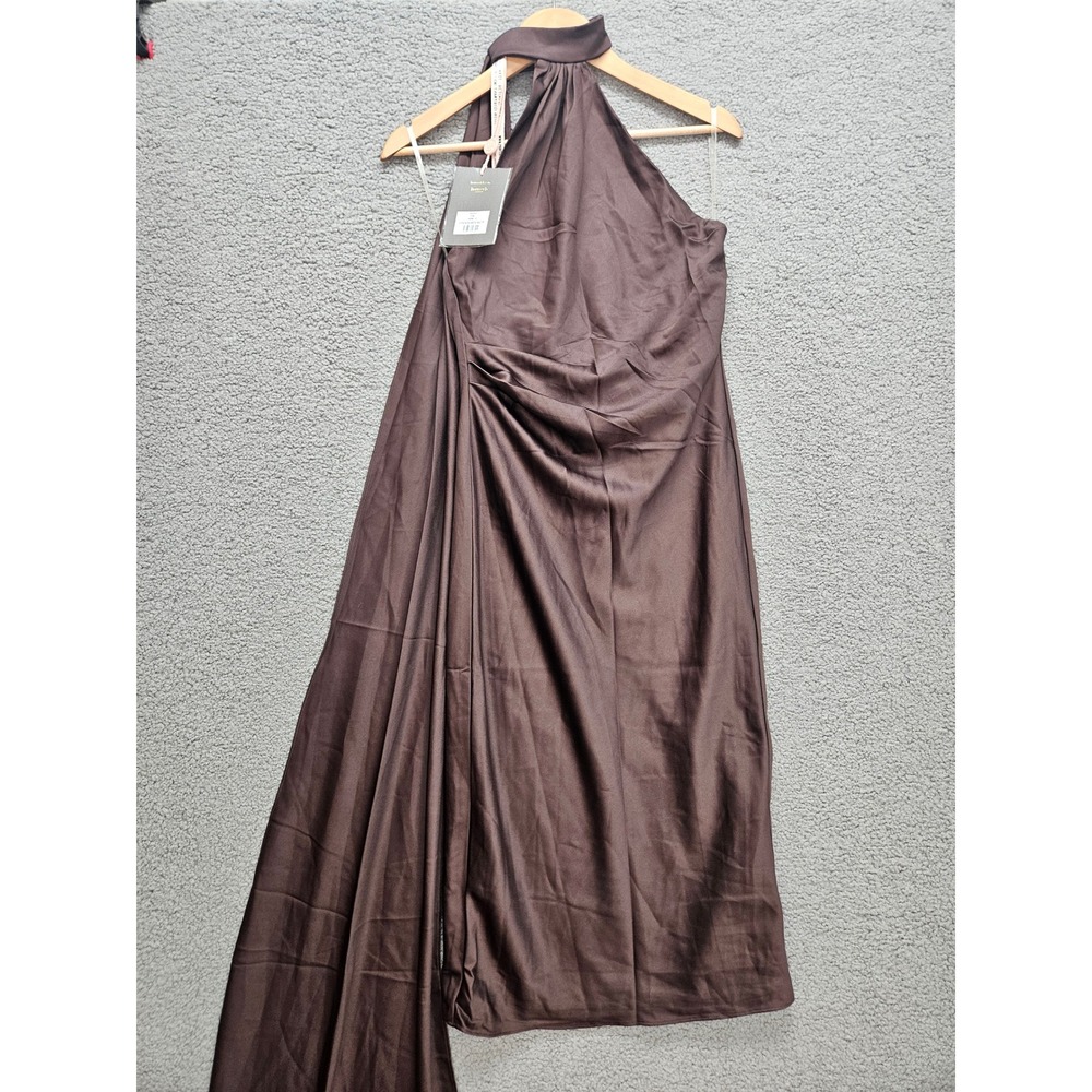 NWT House of CB Angelina Dress XS Brown Draped Halter Satin Midi Formal Elegant